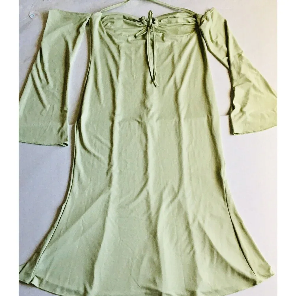 Womens Sexy Halter Bodycon Dress with Sleeve‎ Tie-up Front Midi Size Large Green - Picture 3 of 8